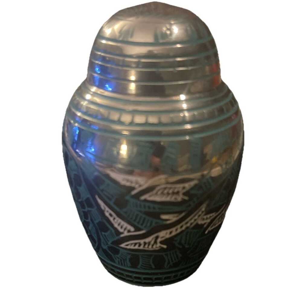 Pet Cremation Mini Urn Etched Brass Silver Teal White Doves 2.5 Inches
